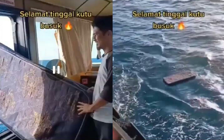Viral Video Pria Buang Kasur ke Laut