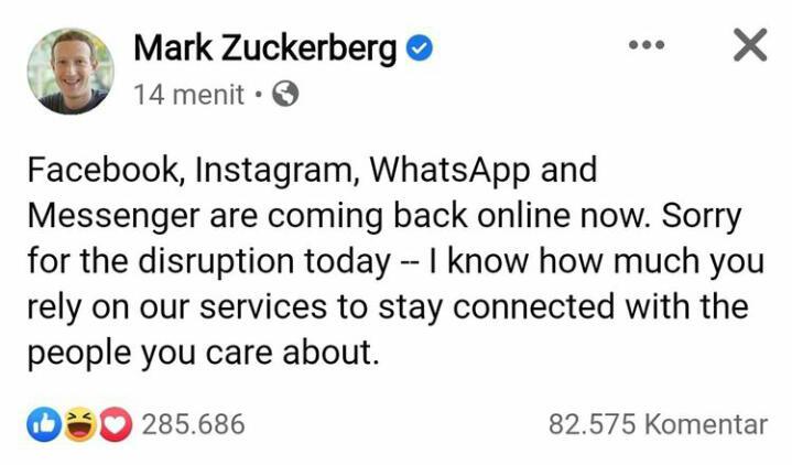 Whatssapp, Facebook dan Instagram Tumbang, Mark Zuckerberg Meminta Maaf dan Alami Kerugian Rp 99 Triliun