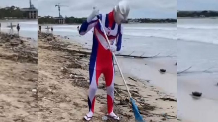 Viral Pria Berkostum Ultramen Bersih-bersih di Pantai Kuta Bali yang Kotor, Bawa Pesan Menohok