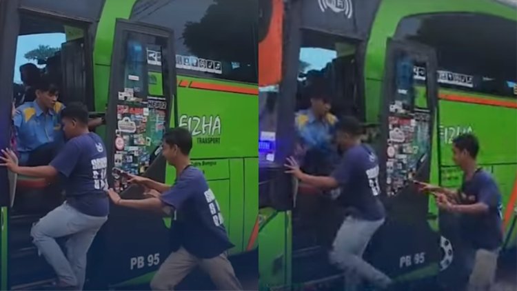 Viral Video Pengamen Maksa Masuk ke dalam Bus Pariwisata, Ditahan Kru Bus Pake Kaki