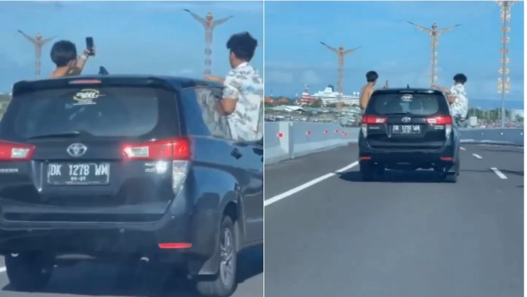 Aksi Berbahaya Dua Pemuda di Tol Bali Mandara, Mengeluarkan Tubuh Saat Mobil Melaju