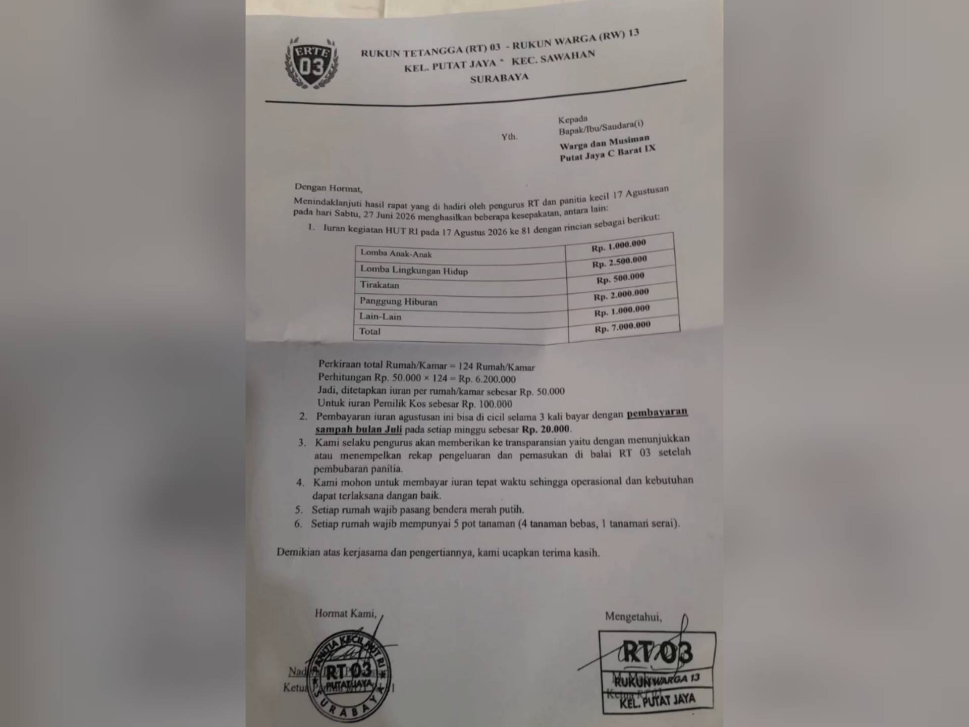 Abaikan SE Wali Kota Surabaya, RT 3 Putat Jaya Diduga Tetapkan Iuran Agustusan Rp50 Ribu per Penghuni Kos