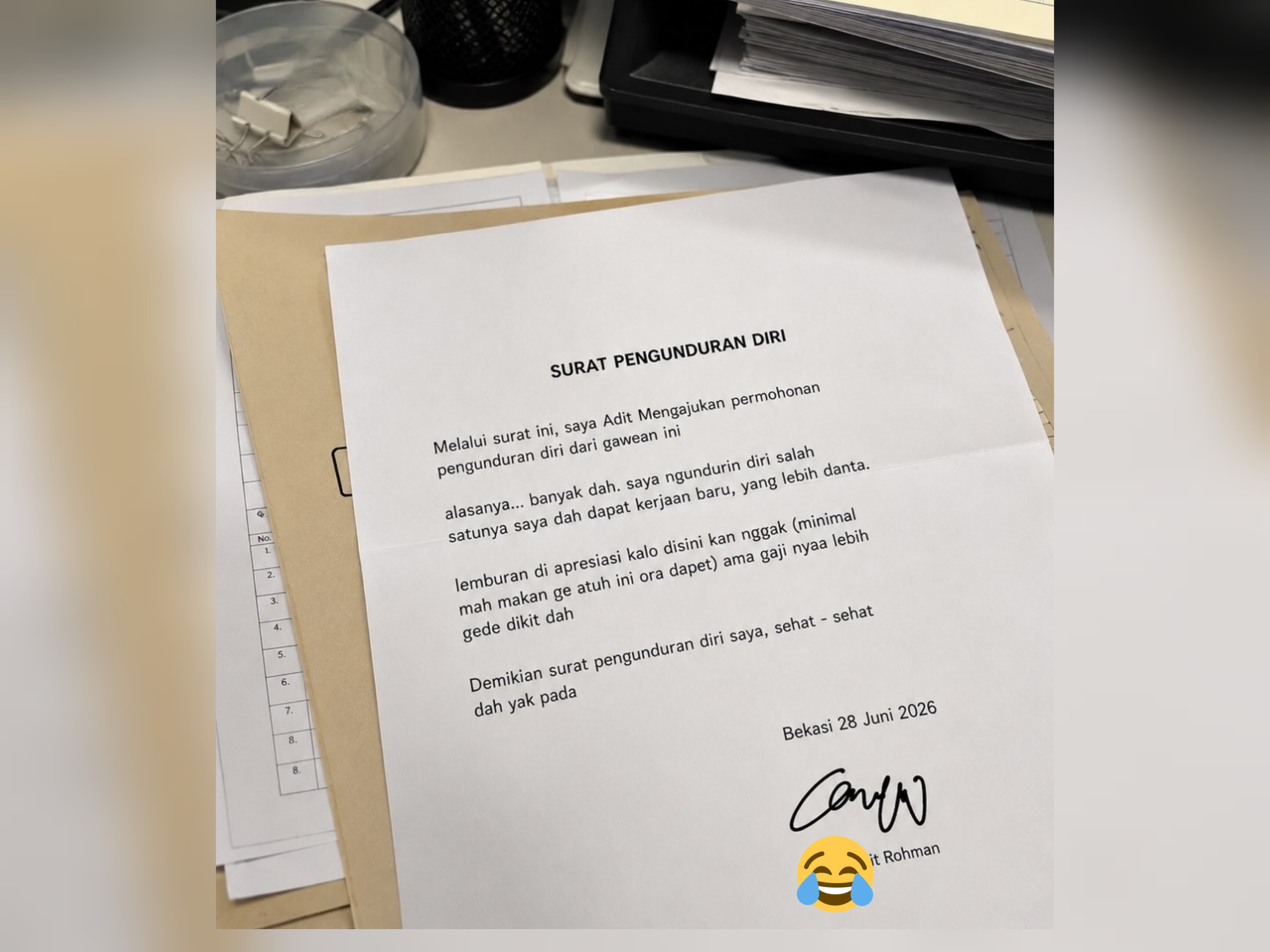 Geger! Surat Resign Gen Z Bekasi Bikin HRD Elus Dada: "Ora Danta, Sehat-Sehat Dah Yak!"
