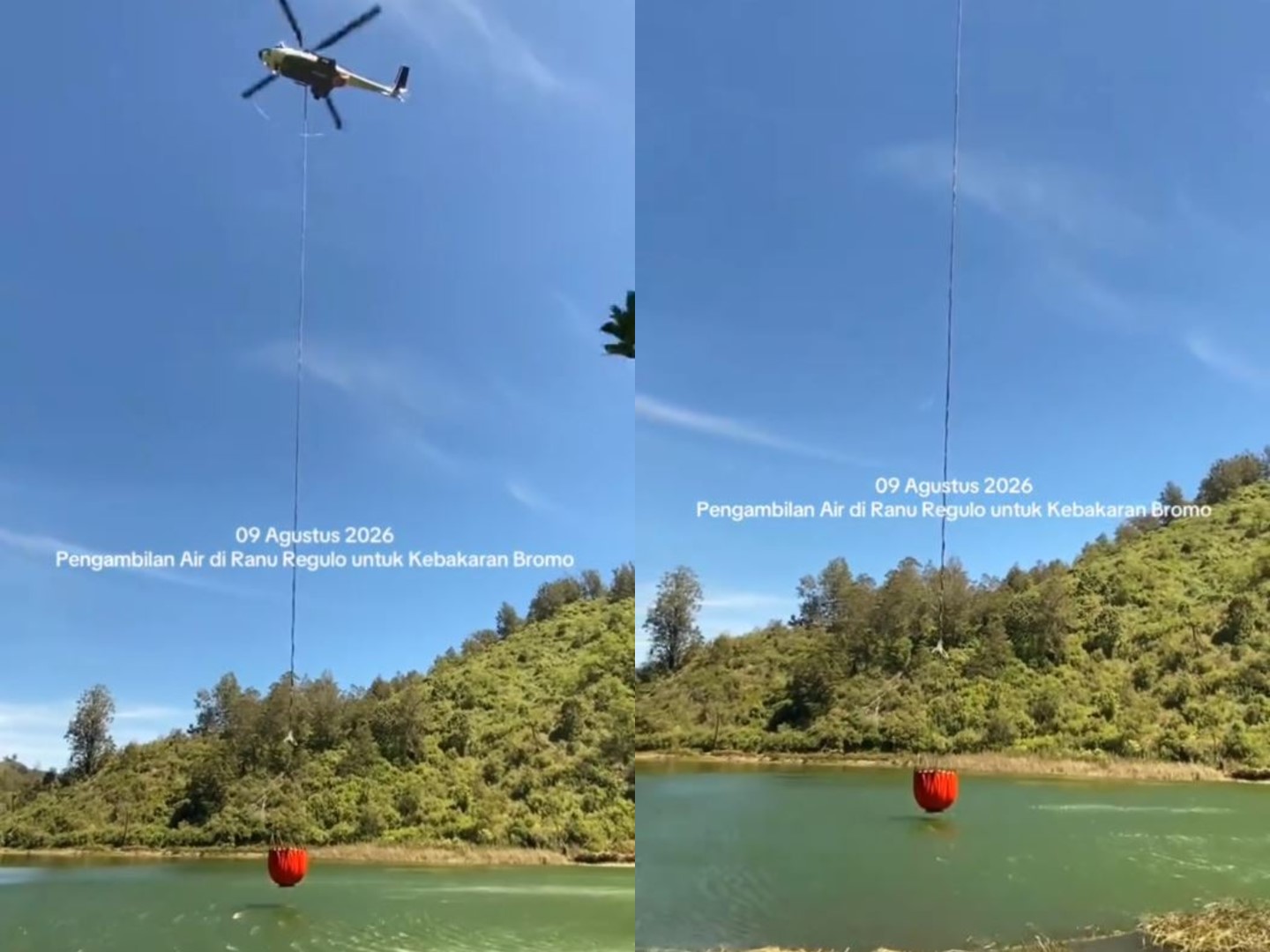 Momen Helikopter Ambil Air di Ranu Regulo Padamkan Bromo